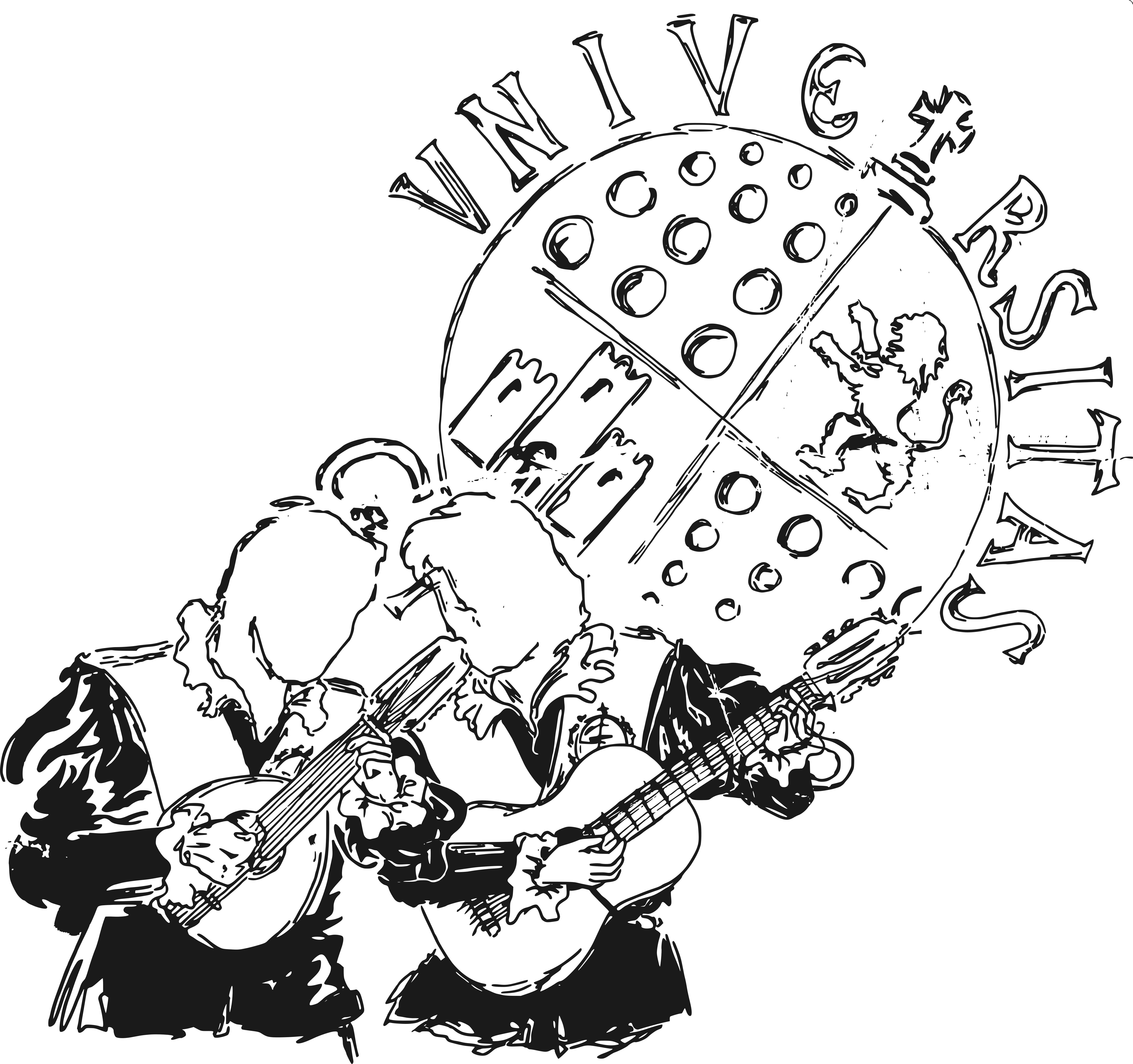 Ilustración de dos tunos tocando bandurria y guitarra ante el escudo de la Universidad